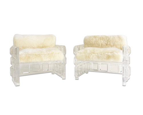 Lucite Chairs with Brazilian Sheepskin Cushions, pair - FORSYTH