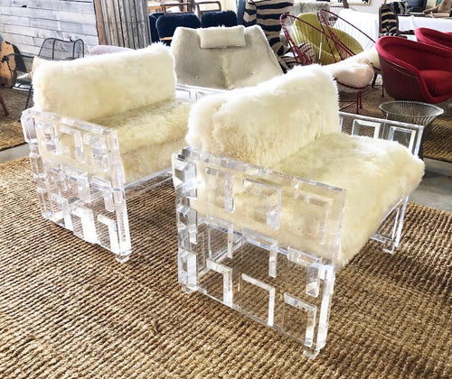 Lucite Chairs with Brazilian Sheepskin Cushions, pair - FORSYTH