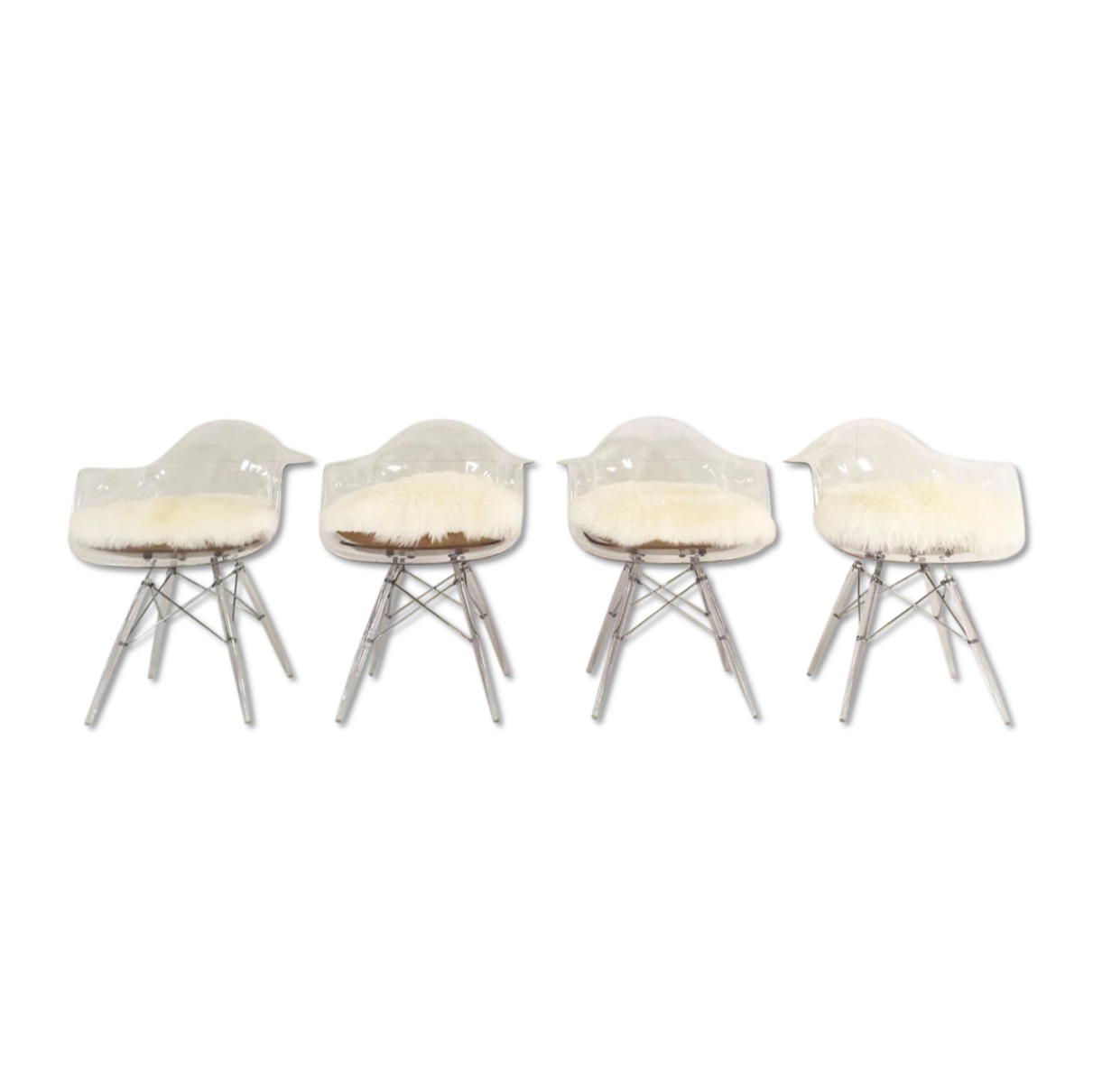 Mid-Century Style Lucite Chairs with Sheepskin Cushions, set of 4 - FORSYTH