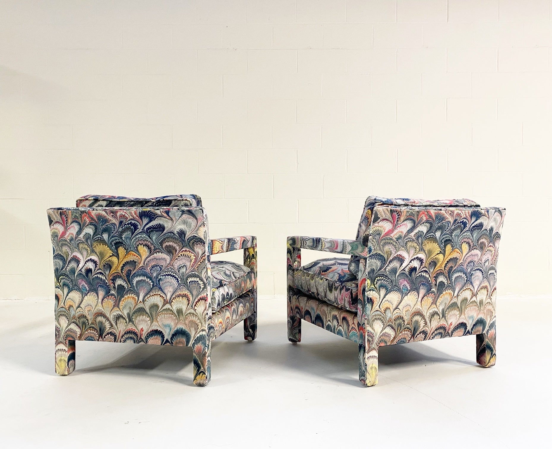 Milo Baughman Style Parsons Chairs in Beata Heuman Marbleized Velvet - FORSYTH