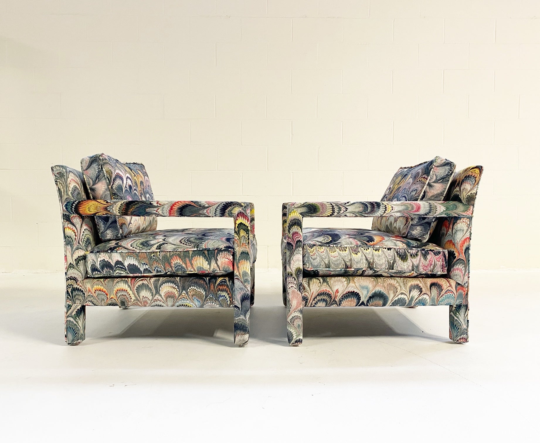 Milo Baughman Style Parsons Chairs in Beata Heuman Marbleized Velvet - FORSYTH