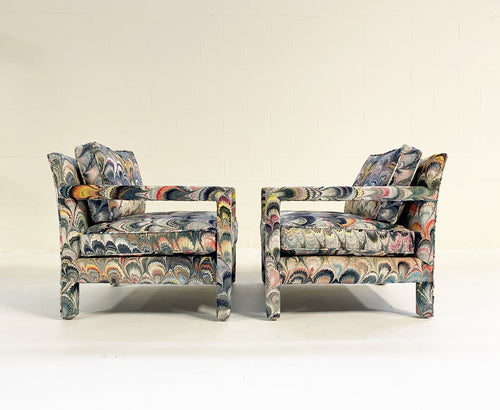 Milo Baughman Style Parsons Chairs in Beata Heuman Marbleized Velvet - FORSYTH