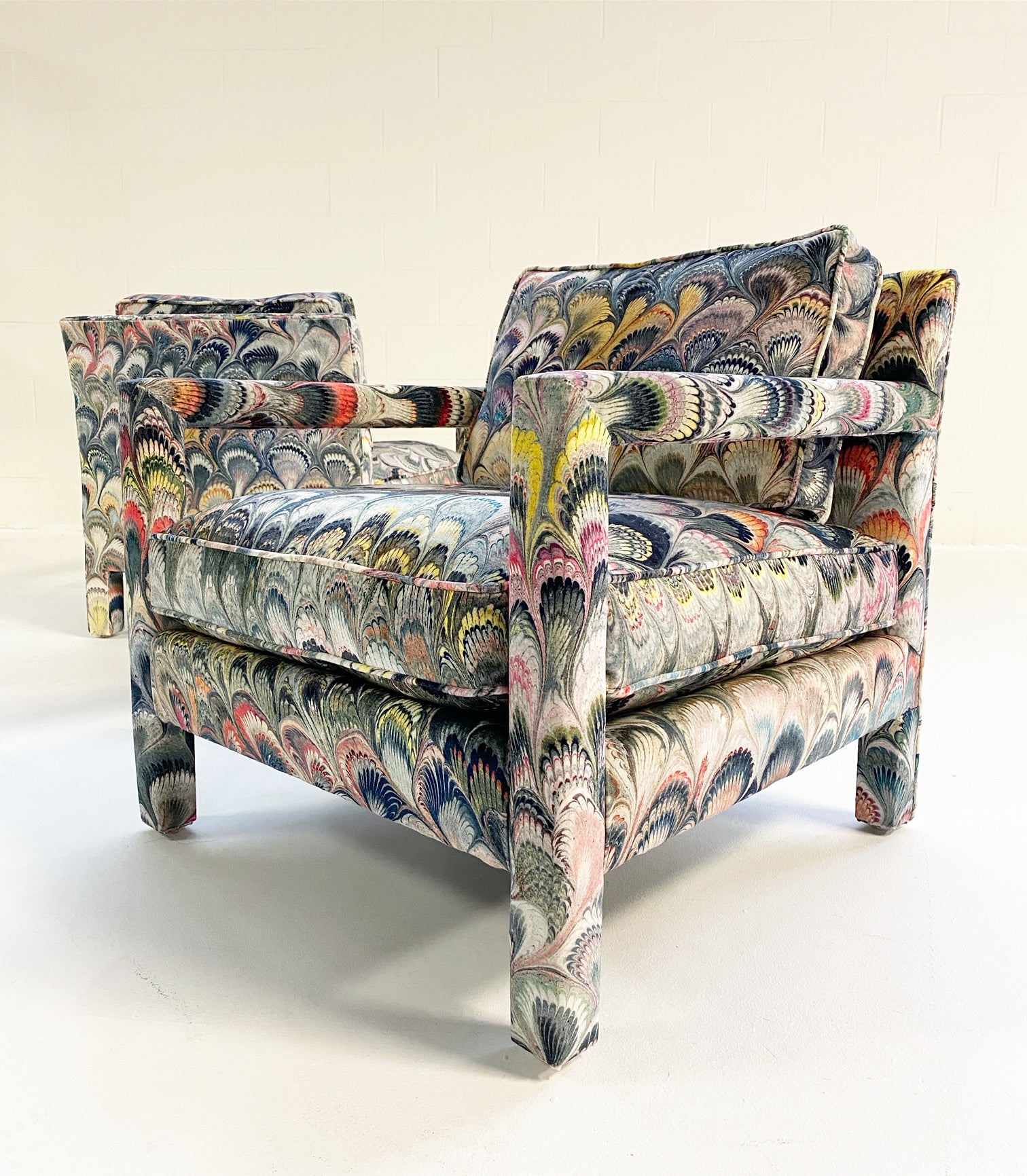 Milo Baughman Style Parsons Chairs in Beata Heuman Marbleized Velvet - FORSYTH