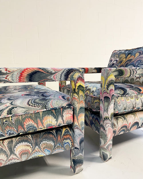 Milo Baughman Style Parsons Chairs in Beata Heuman Marbleized Velvet - FORSYTH