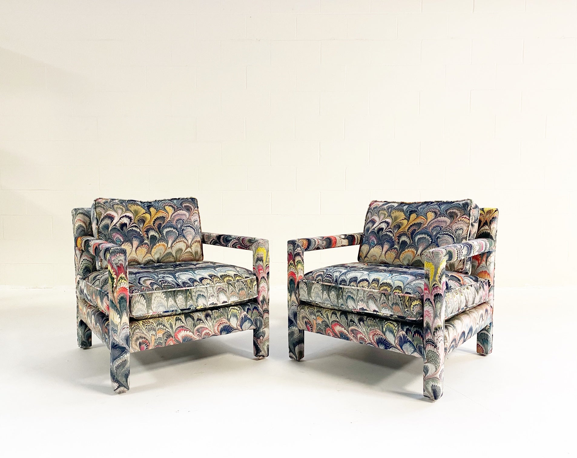 Milo Baughman Style Parsons Chairs in Beata Heuman Marbleized Velvet - FORSYTH