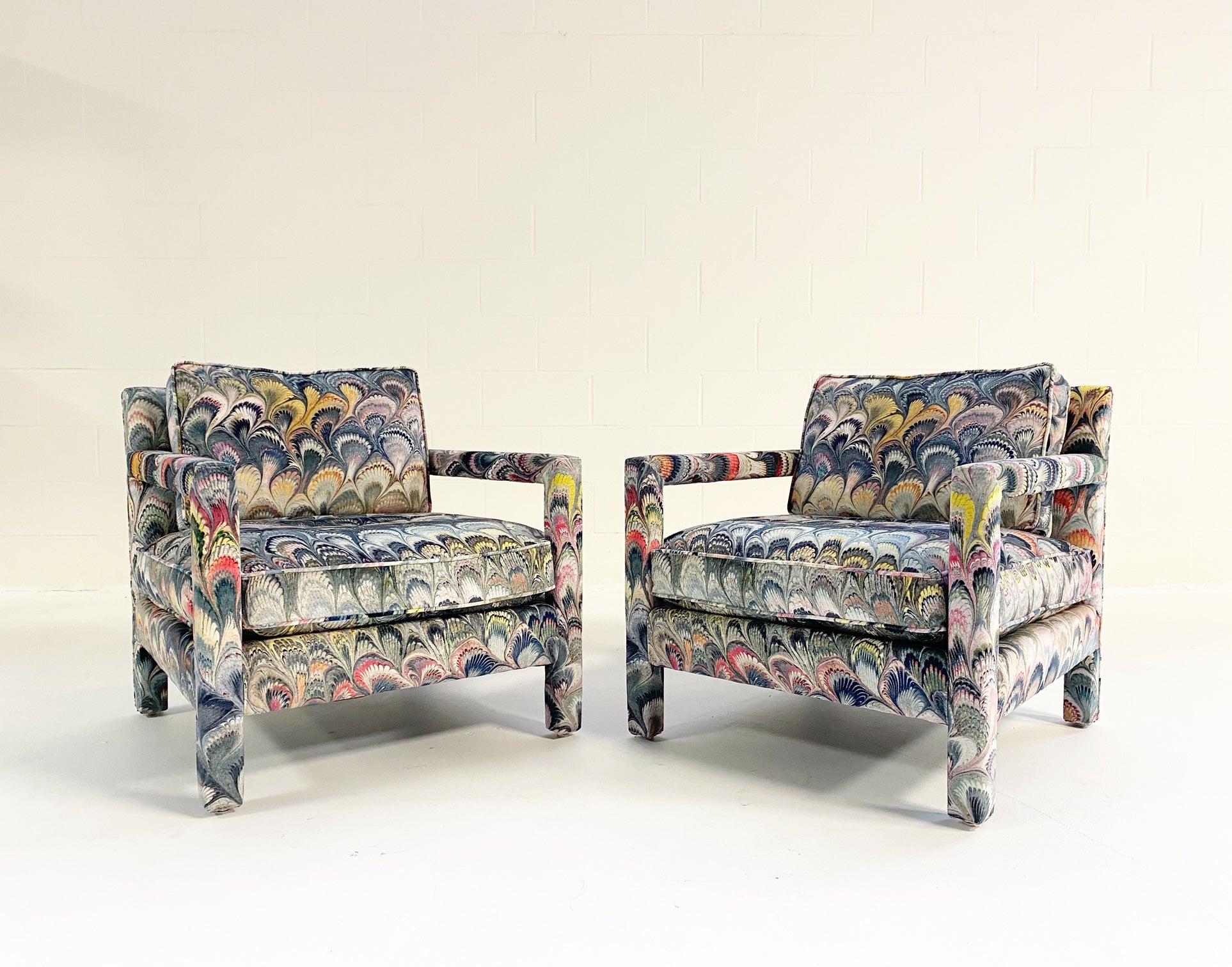 Milo Baughman Style Parsons Chairs in Beata Heuman Marbleized Velvet - FORSYTH