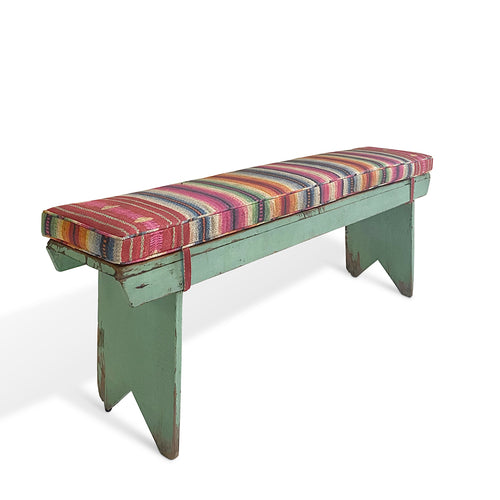 Vintage Farmhouse Bench with St. Frank Technicolor Frazada Cushion