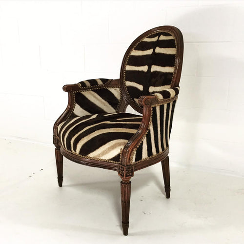 Louis XVI Style Walnut Bergere in Zebra Hide - FORSYTH