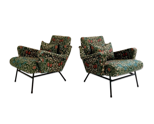 c. 1955 French Lounge Chairs in William Morris Blackthorn, pair - FORSYTH