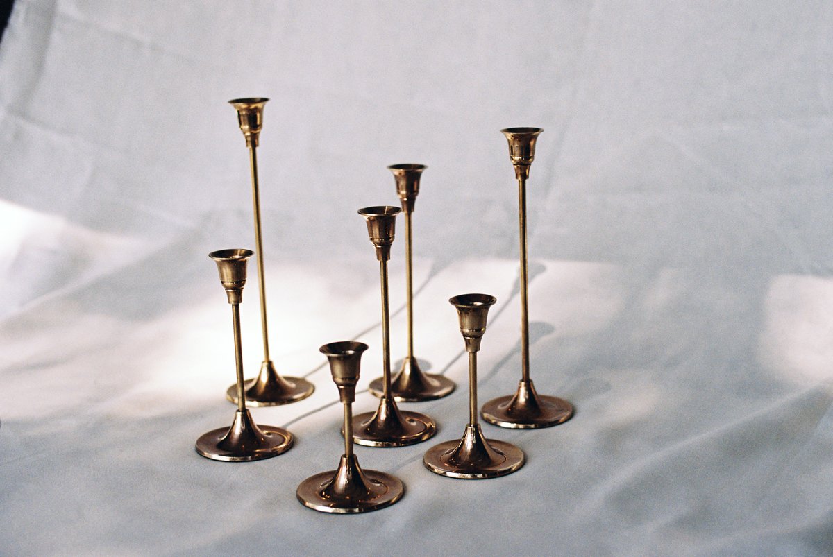 Candlesticks of Various Sizes, Set of 7 - Brass