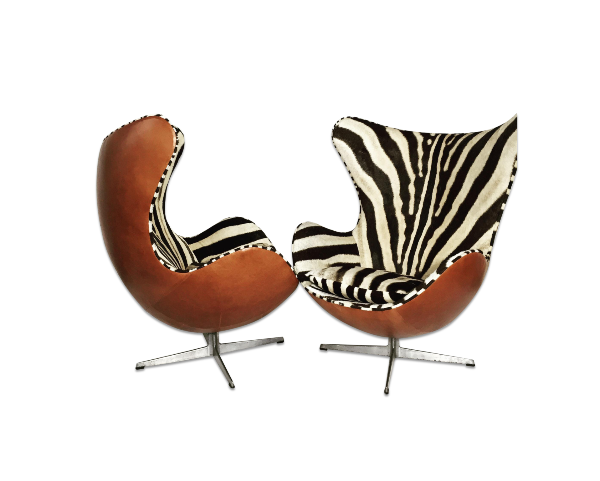 Egg Chairs in Zebra Hide and Leather, pair - FORSYTH