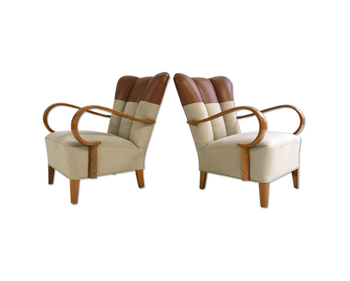 Italian Bentwood Armchairs in Loro Piana Leather and Linen, pair - FORSYTH