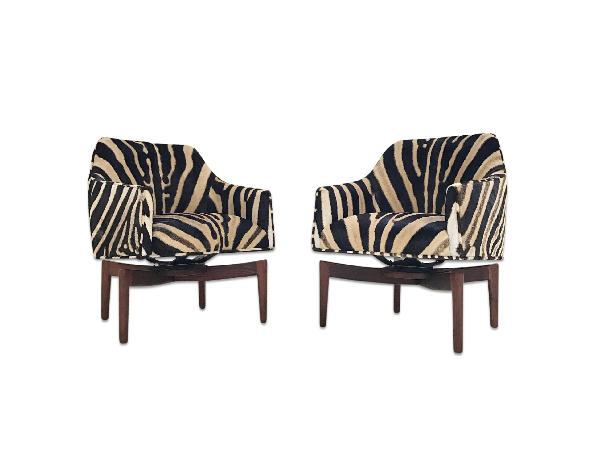 Walnut Swivel Chairs in Zebra Hide, pair - FORSYTH