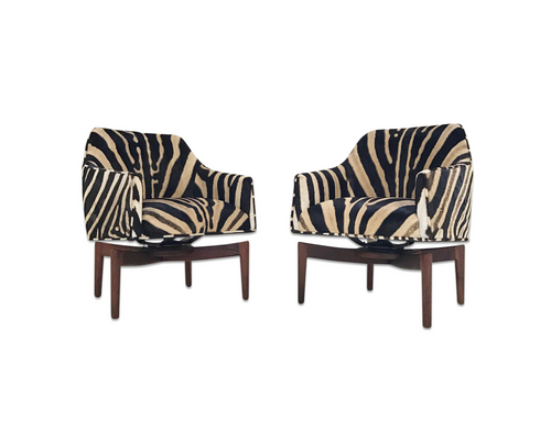 Walnut Swivel Chairs in Zebra Hide, pair - FORSYTH