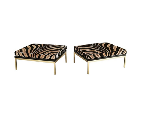 Knoll Style Zebra Hide and Brass Ottomans, pair - FORSYTH