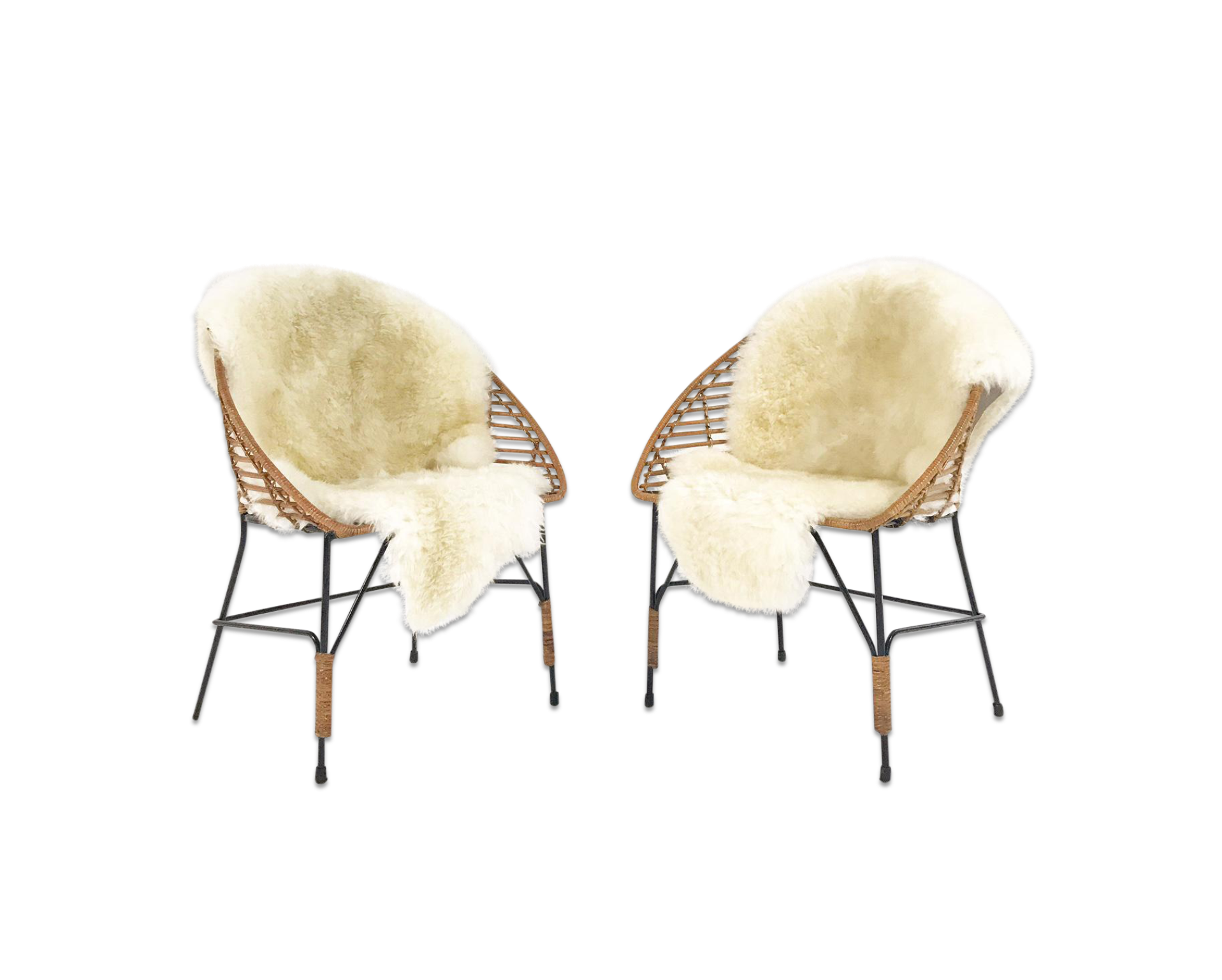 Vintage Mid-Century Iron and Rattan Chairs with Brazilian Sheepskins - Pair - FORSYTH