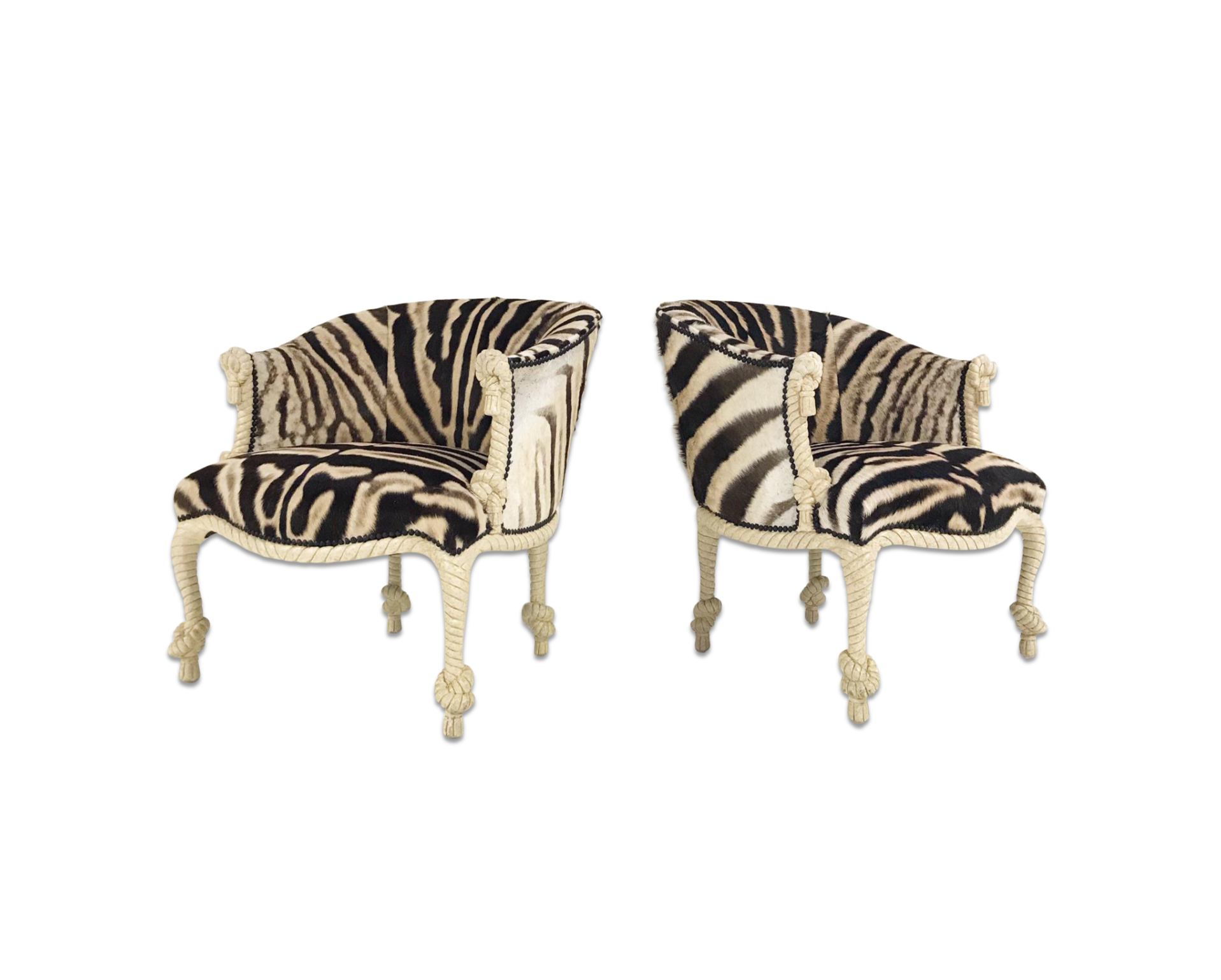 Vintage Napoleon III Style Twisted Rope and Tassel Carved Armchairs Restored in Zebra - Pair - FORSYTH