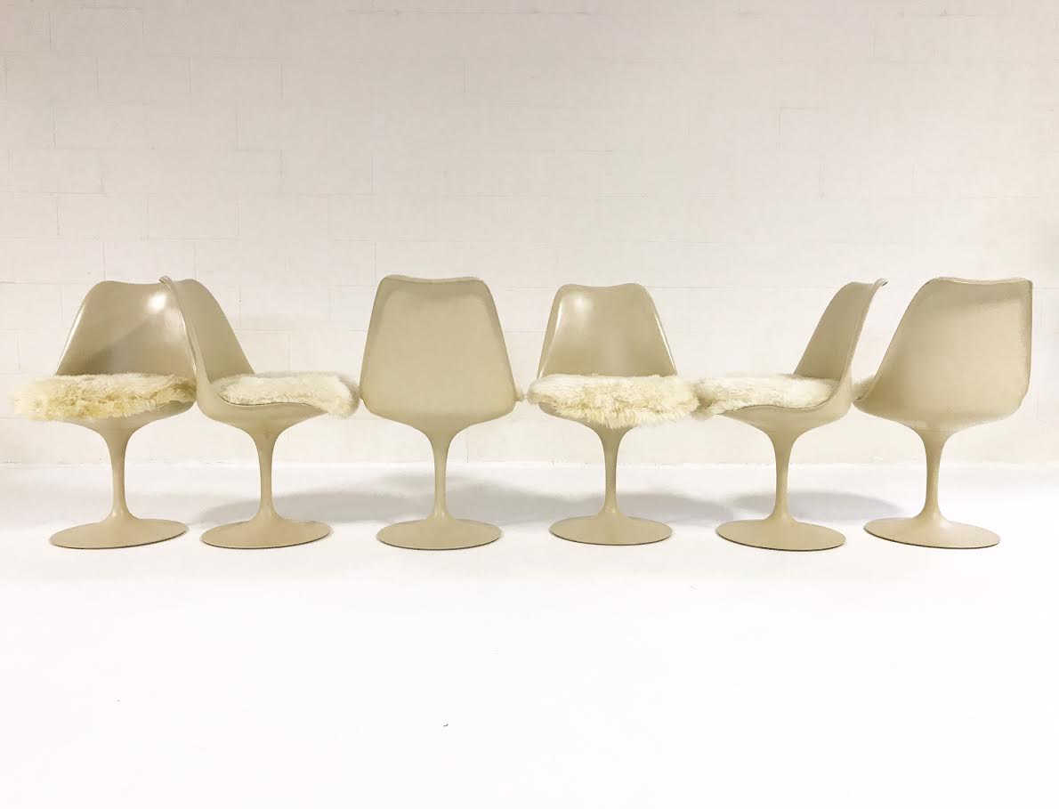 Tulip Chairs with Brazilian Sheepskin Cushions, set of 6 - FORSYTH